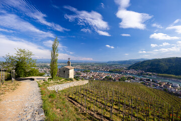 Grand cru vineyard and Chapel of Saint Christopher, Tain l'Hermitage, Rhone-Alpes, France
