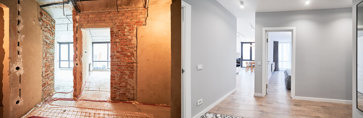 Comparison of old apartment before restoration and new renovated flat with modern interior design. Apartment before and after renovation.