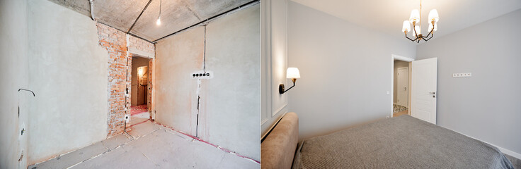 Photo collage of apartment room before and after restoration or refurbishment. Old room with...