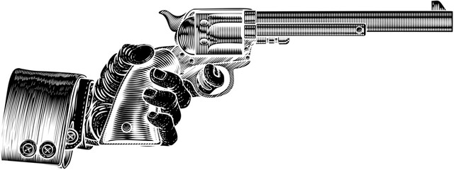 A hand in business suit holding a western cowboy gun pistol revolver in a vintage woodcut style