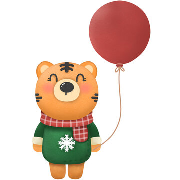 Merry Christmas cartoon cute little tiger wearing green sweater wearing red plaid scarf holding a gift box and red balloons yes as an illustration