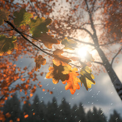 Autumn sky in rainy, windy day with flying tree leafs and a bright ray breaks through the gray clouds