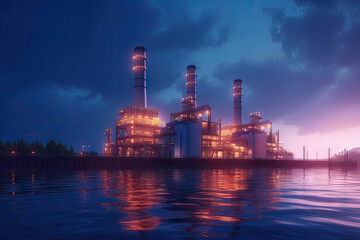 Fototapeta premium Aerial top view industry petroleum station with beautiful sky background, gas and oil refinery tank for process, Manufacturing of industrial with Generative AI.