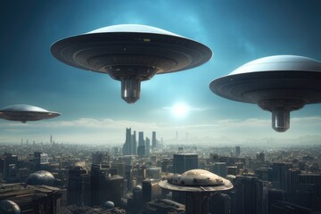 Fototapeta na wymiar ufo flying over the city, generative ai