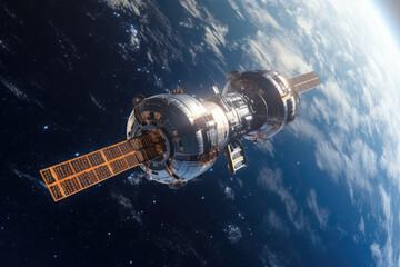 Obraz premium Space satellite moving outer the space with Earth plant background, satellite orbit for sending signals to ground, spaceship sci fi tour, with Generative Ai.