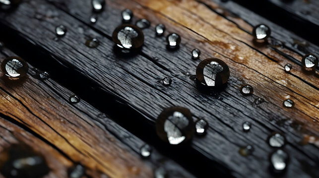 Close up photo of beautiful rain drops on the surface with texture