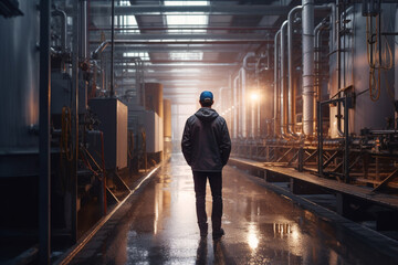 Obraz premium a man on a factory floor is walking through the factory with Generative AI