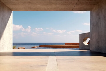 Modern concrete architecture building, exterior floor and roof with empty space for mock up with blue sky background, in clean design, with Generative Ai.