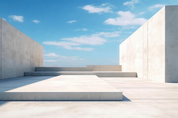 Modern concrete architecture building, exterior floor and roof with empty space for mock up with blue sky background, in clean design, with Generative Ai.