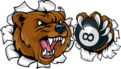 A bear angry mean pool billiards mascot cartoon character holding a black 8 ball.