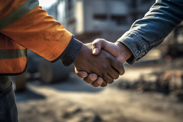 two construction workers shaking hands at a construction site with Generative AI