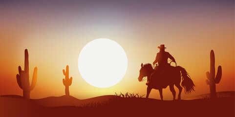 Concept du cowboy solitaire sur son cheval, qui galope en plein désert au milieu des cactus devant un coucher de soleil.