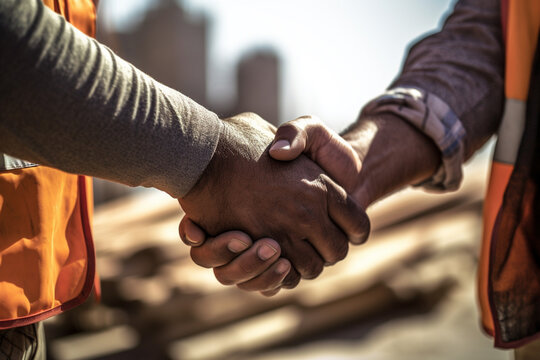 Two Construction Workers Shaking Hands At A Construction Site With Generative AI