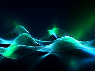 Blue green glow waves, in the style of dotted, 3d space, abstract blue lights, streamlined design, rhythmic lines, lens flare, stockphoto, backlight, no text on the picture