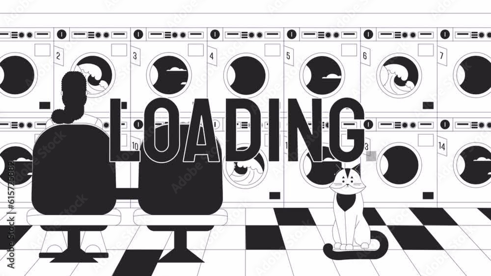 Poster waiting laundry bw loader animation. woman in launderette with cat. flash message 4k video. chill lo