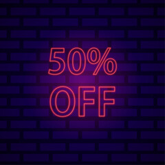 50% Fifty percent off neon glow vector sign isolated on a wall background in red color