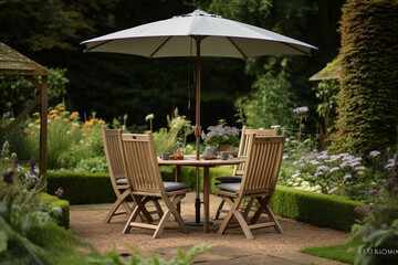 Obraz premium Terrace in Garden with Chairs, Tabel and Umbrella