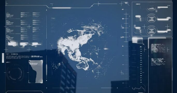 Animation of globe, loading bars and computer language over modern buildings against sky