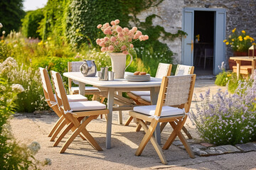 Cozy Terrace in Garden with Tabel and Chairs, Summertime, Vacation Vibe