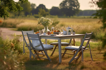 Table with chairs in the garden, romantic summer setting