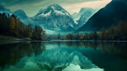 Naklejka premium Beautiful lake jasna in kranjska gora with visible reflections of Razor and Skrlatica in the water. generative ai