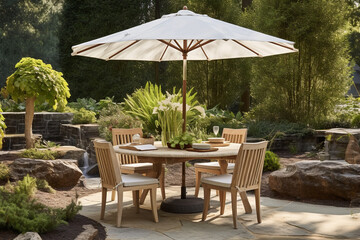 Obraz premium In the garden a table and chairs with a parasol in summer or spring