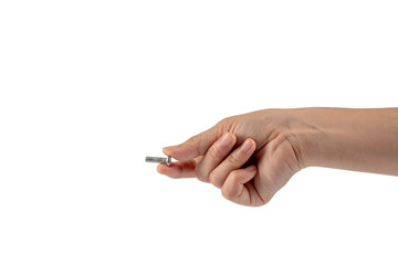 Metal bolt in hand isolated on transparent background