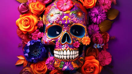 Colorful skull on bright purple background for Day of the Dead, sugar skull decorated flowers, Dia de Muertos