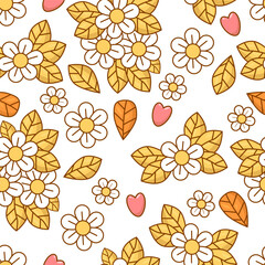 Floral seamless pattern with chamomile flowers on white background. Groovy modern vector Illustration for wallpaper, design, textile, printing, packaging , decor.