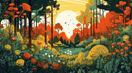 Illustration of colorful forest  Nature field of flowers  background.Generative AI