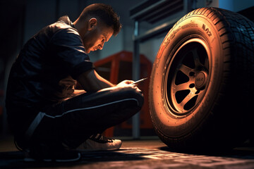 Obraz na płótnie Canvas a mechanic is looking at the tire and writing a note with a pen with Generative AI