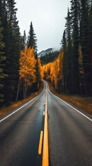 Fototapeta premium Empty street in the middle of a beautiful autumn forest. autumn colors, ai generative