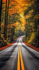 Naklejka premium Empty street in the middle of a beautiful autumn forest. autumn colors, ai generative