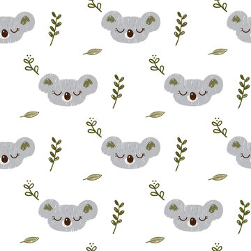Seamless Pattern with Hand Drawn Koala Bear Face and Leaf Design on White Background