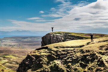 Beautiful panorama view of Quiraing with people, Scotland, Isle of Skye