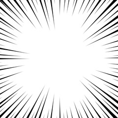 Comic book white and black radial lines background. Superhero action, explosion background, manga speed frame, vector illustration