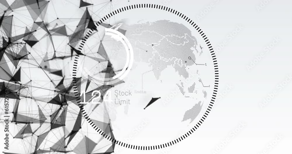 Poster animation of connected dots forming geometric shape, loading circles, changing numbers and globe