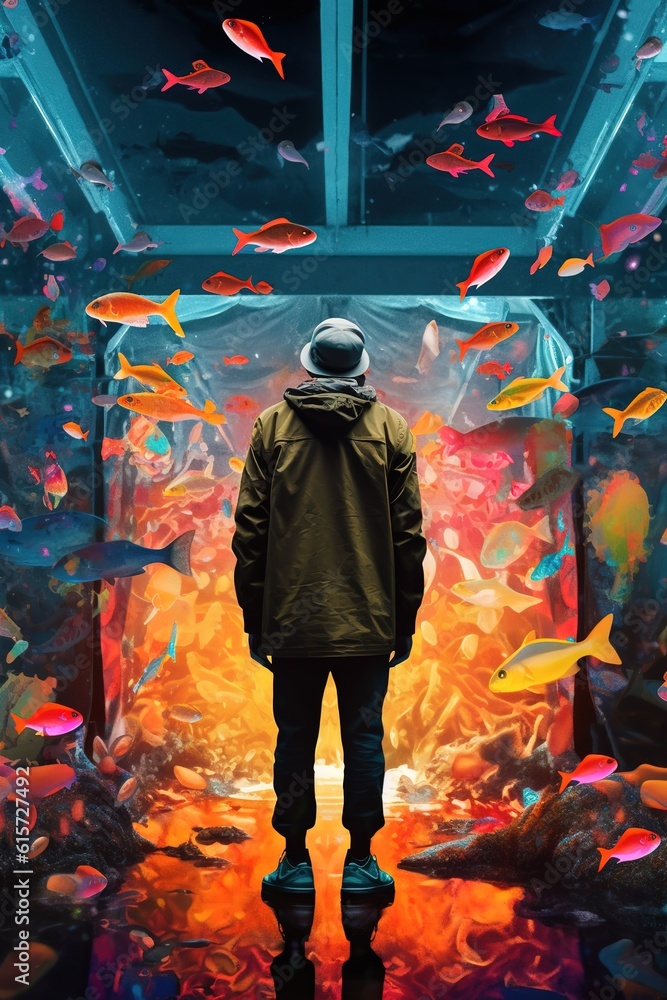 Poster a guy standing in front of a passageway that is stuffed with fish.