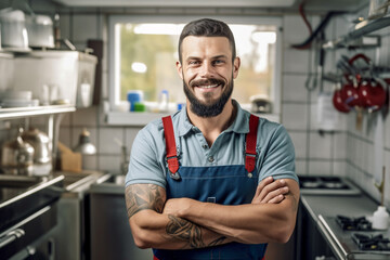 Fototapeta premium happy professional plumber standing in bright kitchen with tools box with Generative AI