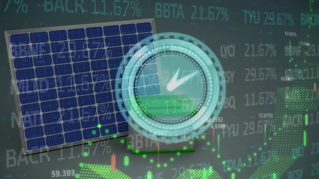 Animation of digital clock over trading board, graphs, solar panel, battery against white background