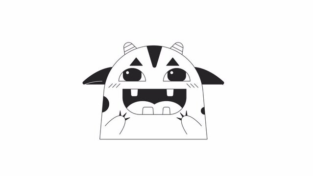 Cute monster waving bw animation. Animated isolated 2D friendly alien monster creature smiling. Cartoon monochrome thin line character 4K video footage, alpha channel transparency for web design