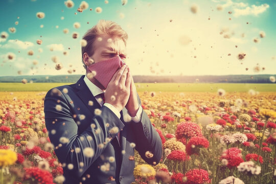 Allergic rhinitis: Image showing a person with a runny or congested nose, sneezing, and other symptoms of hay fever Generative AI