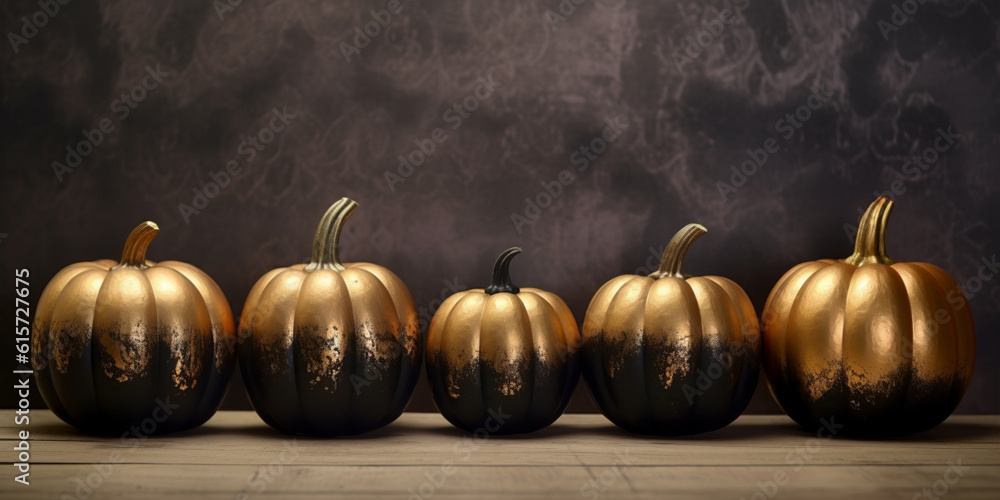 Wall mural Golden and black pumpkins in a row on dark background