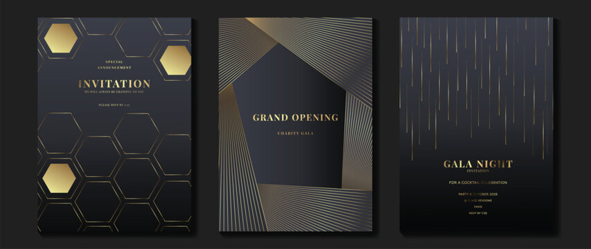 Luxury gala invitation card background vector. Golden elegant geometric shape, gradient gold lines on dark background. Premium design illustration for wedding and vip cover template, grand opening.
