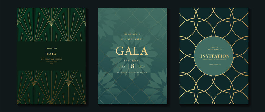 Luxury gala invitation card background vector. Golden elegant geometric shape,  gold flower on green background. Premium design illustration for wedding and vip cover template, grand opening.