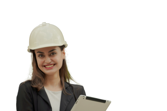 A female engineer wearing a white hard hat and holding a tablet smiles confidently, representing professional success and expertise in engineering or construction..