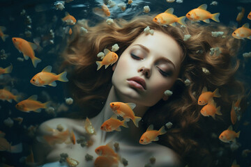 Generated ai template portrait collage of stunnig gorgeous lady floating under water with gold fish sea princess character - Powered by Adobe