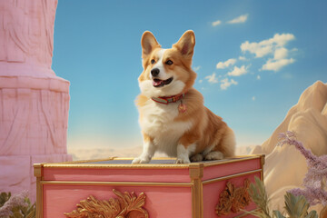 template collage of cute fluffy corgi sitting on red box outdoors in dessert view landscape generated ai picture