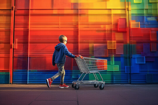 A Happy Boy Pushing An Shopping Cart In Front Of A Colorful Wall With Generative AI