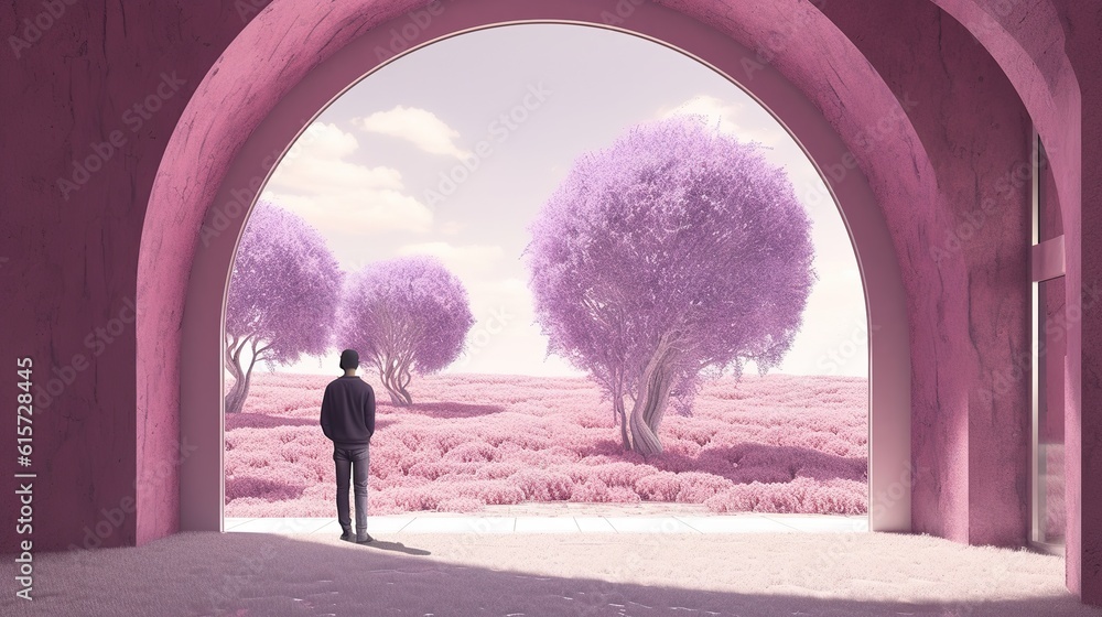 Poster a guy standing in the middle of a passageway, with some trees in the distance.